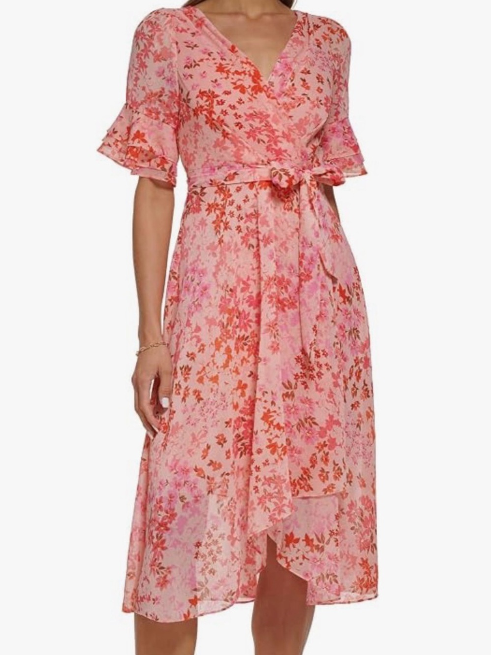NWOT DKNY Women's Ruffle Sleeve Faux Wrap Midi Dress